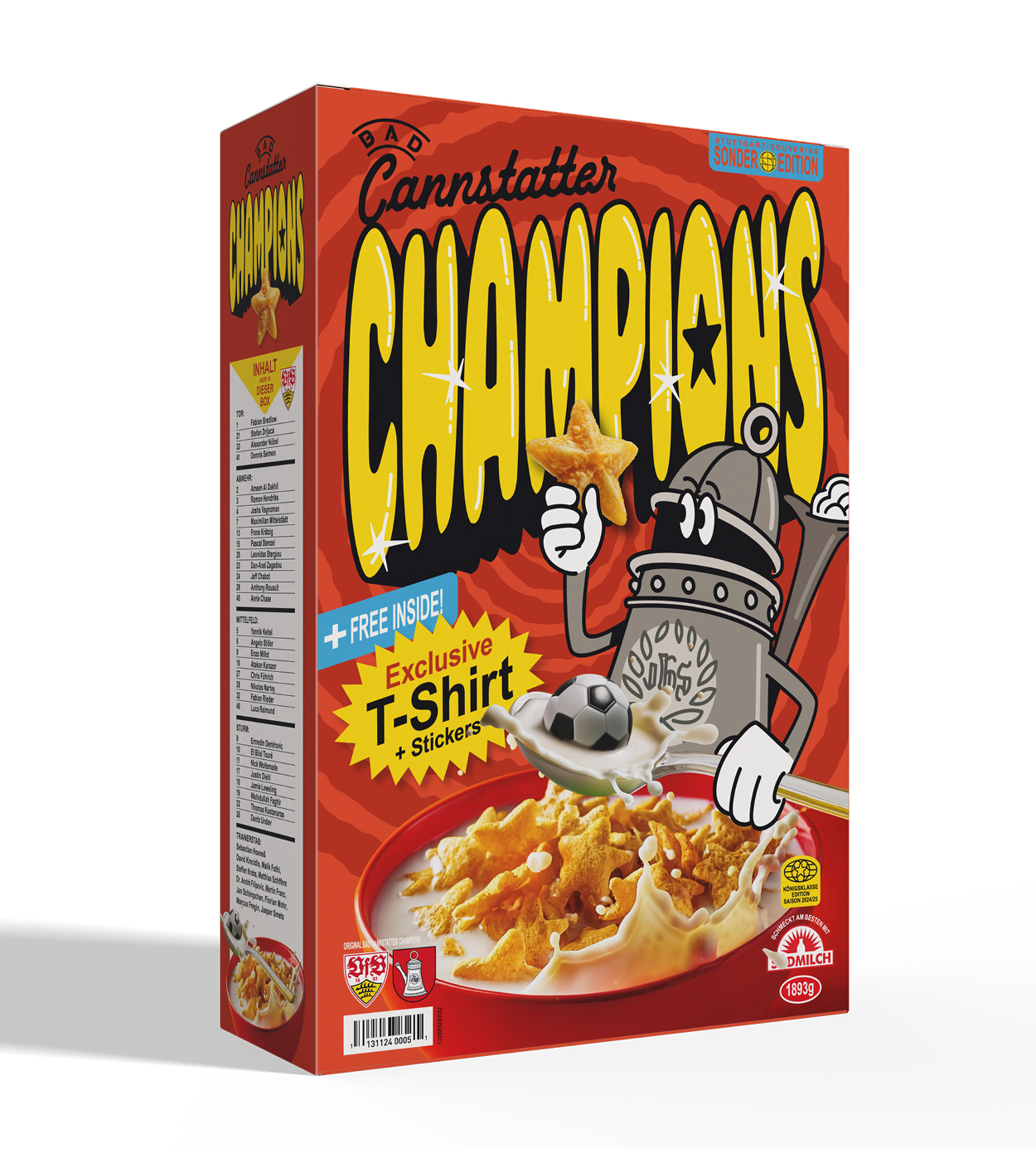 Bad Cannstatter Champions T-Shirt in spezieller Cereal-Verpackung – Limitierte Edition mit exklusiven Stickern.